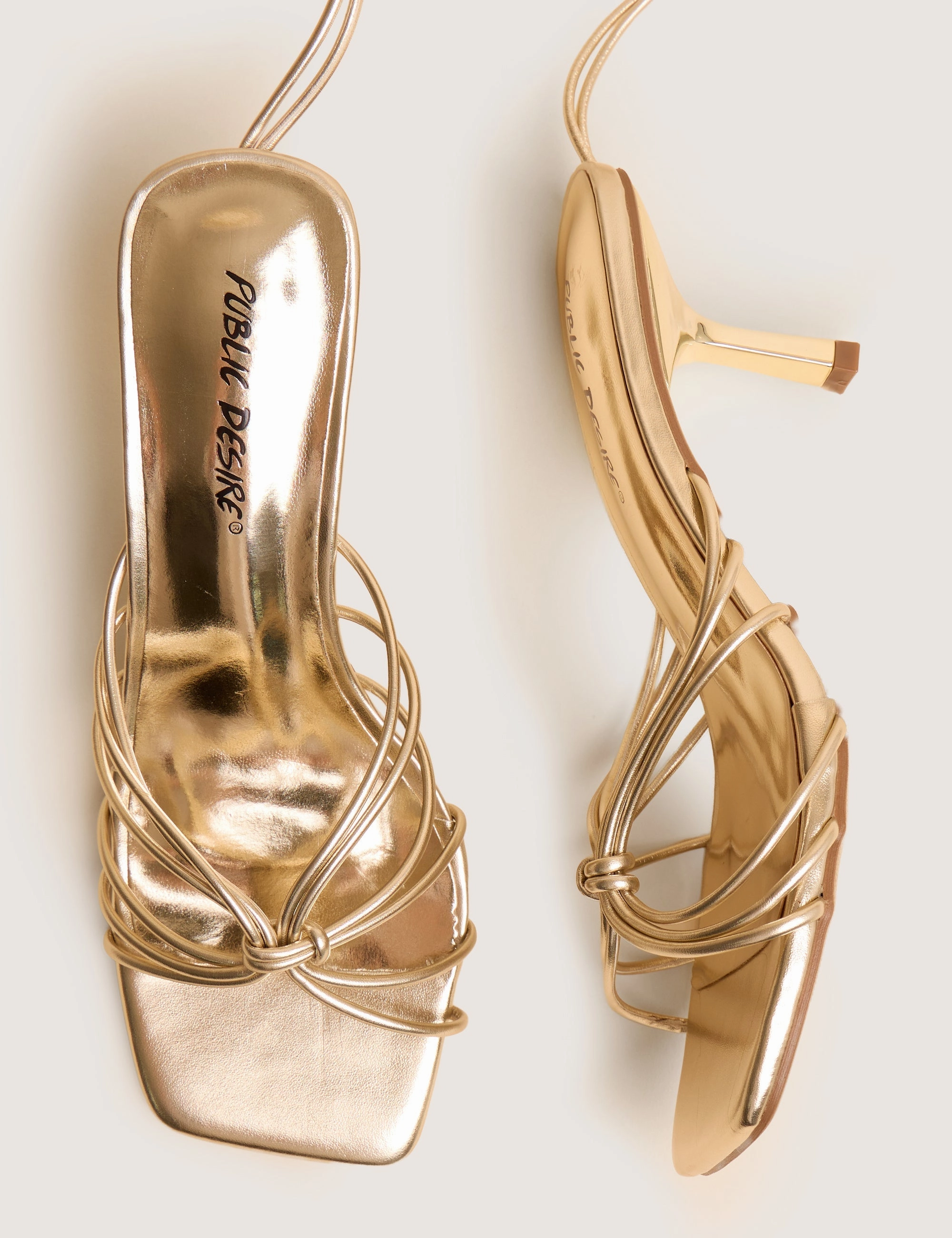 Cowboy Boots With High Heels Nora Wide Fit Gold Pu Lace Up Strappy Mid Heels