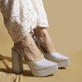 High Heels Reference Glitter Pointed Toe Silver Platform Pumps  4.5 to 5 Inch  Customisable