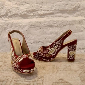 Sabya Maroon Hand Embroidered Slingback bridal block heels I Tiesta Shoes High Knee Boots