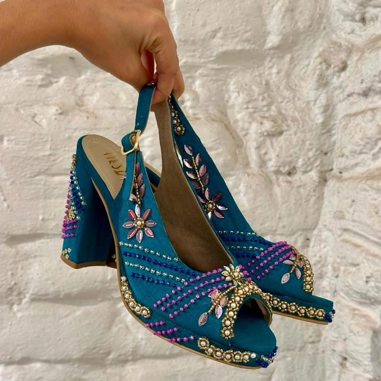 Sabya Peacock Blue Hand Embroidered Slingback bridal block heels Chunky High Heel Boots
