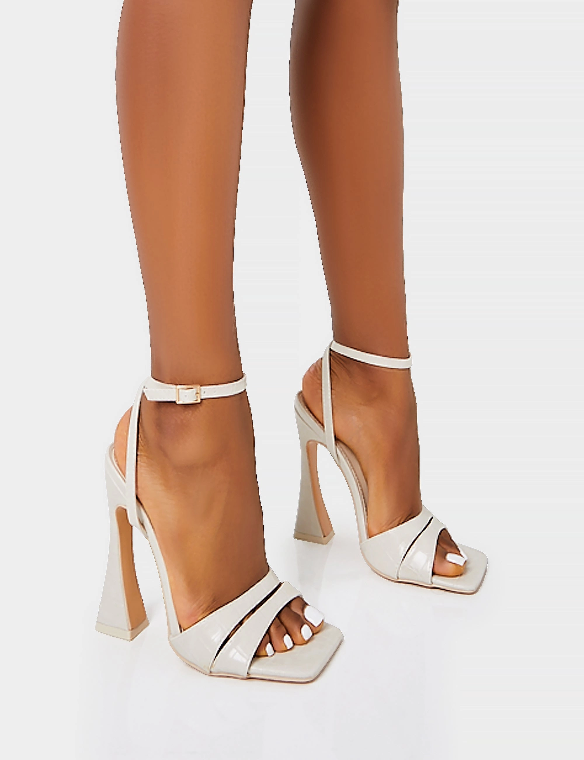 Saintly Ecru Croc Wrap Around the Ankle Barley There Square Toe Flared Block High Heels High Heels With Sparkles