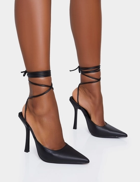 Verity Black Pu Slingback Lace Up Pointed Court Stiletto Heels Thigh High Boots