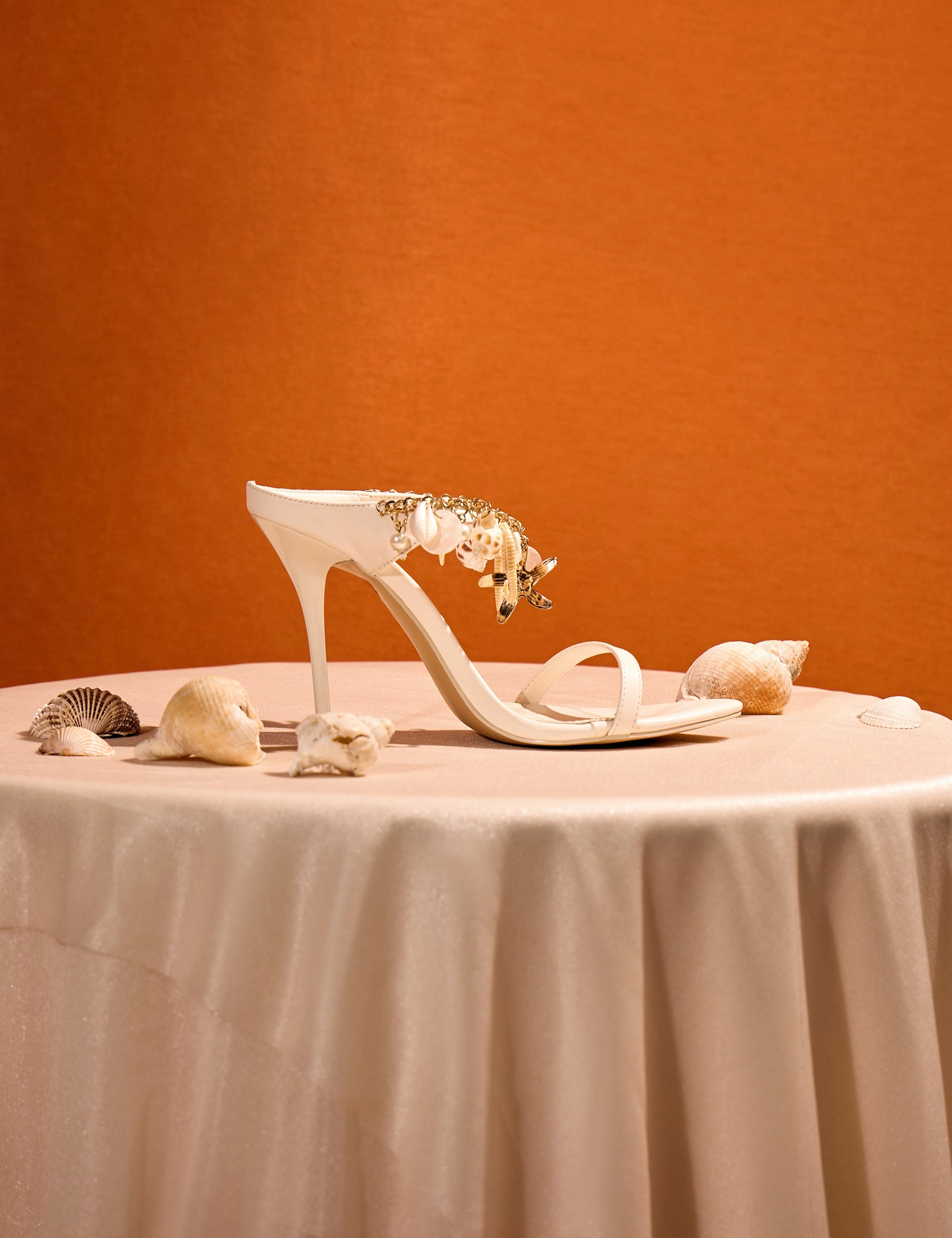 Open Toe High Heel Sandals Shellie Cream Pu Under the Sea Trim Double Strap Mule Stiletto High Heels