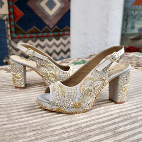 High Heel Shoe Parts Sabya Grey Hand Embroidered Slingback bridal block heels I Tiesta