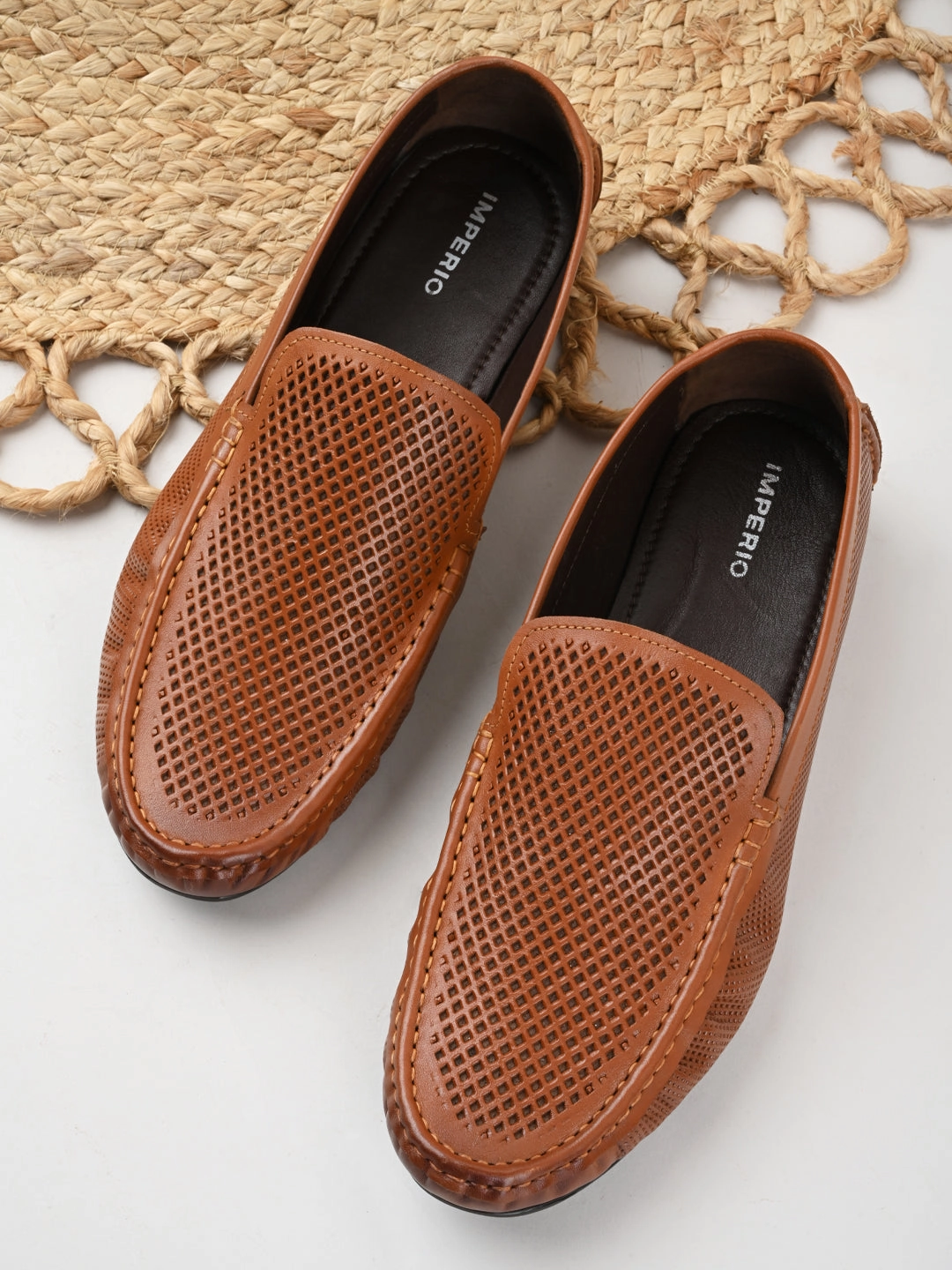 Imperio By Regal Tan Mens Casual Leather Laser Cut Loafers Deer Stag Loafers