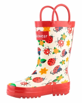 Ladybugs & Flowers Loop Handle Rubber Rain Boots Ankle Boots To Wear With Skinny Jeans