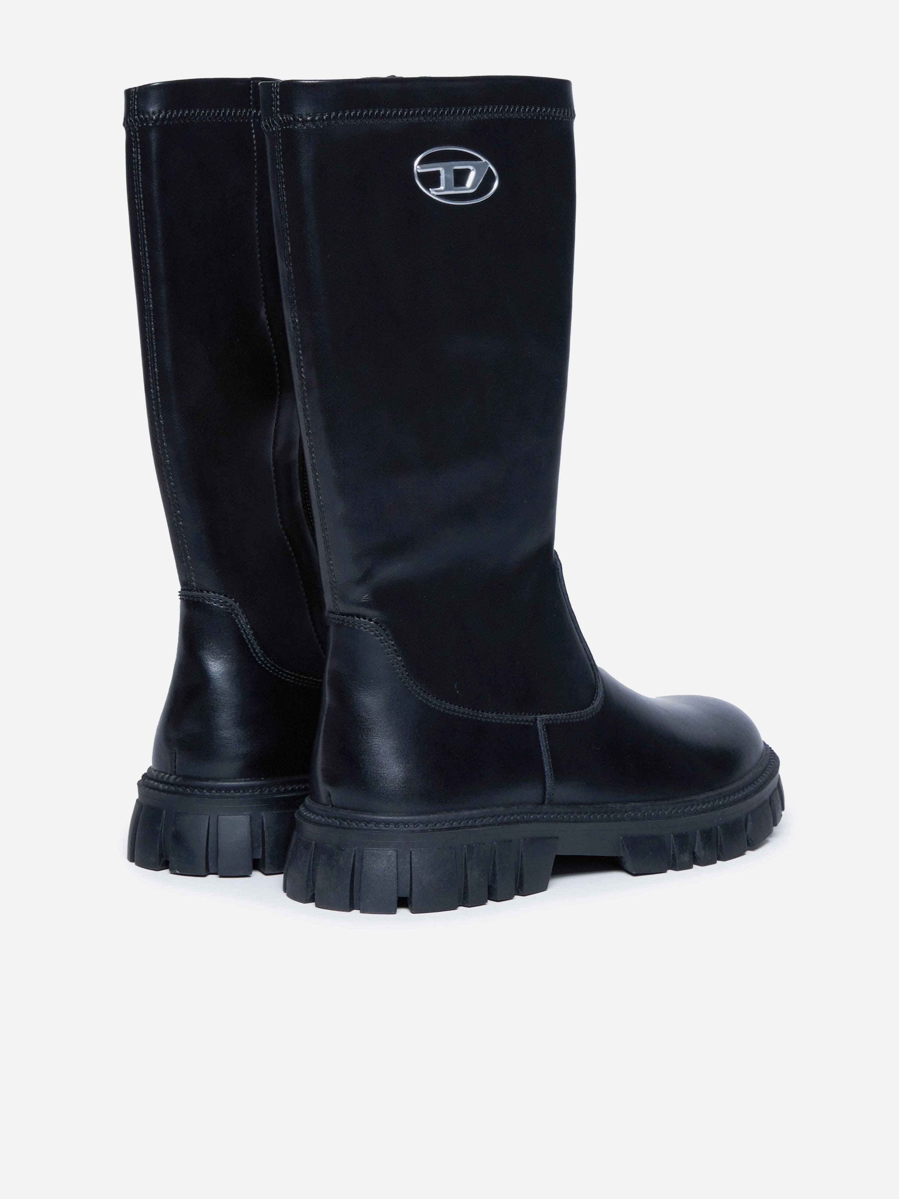 Diesel Girls Leather Logo Boots in Black Buoy Boots