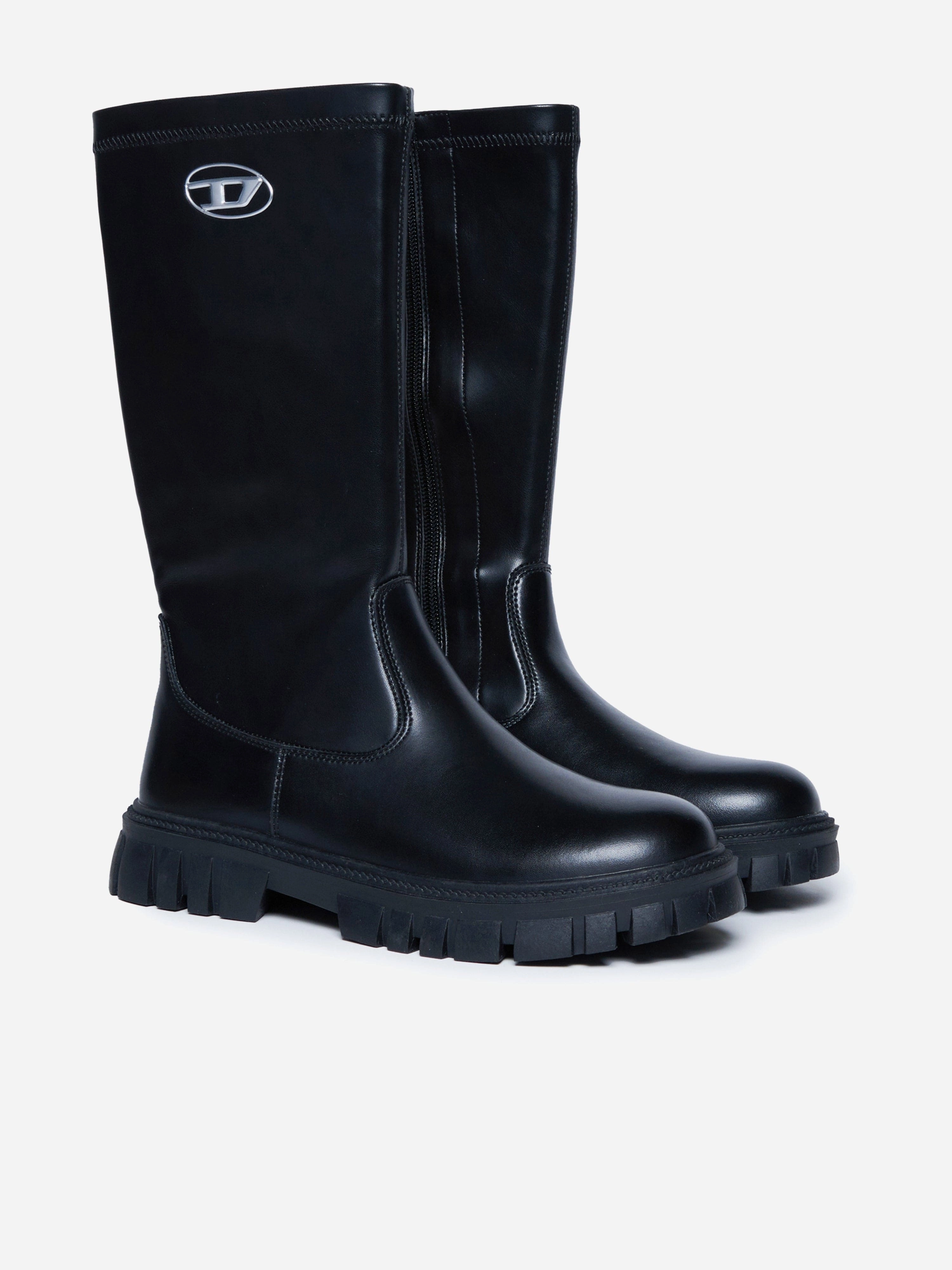 Diesel Girls Leather Logo Boots in Black Designer Rubber Boots