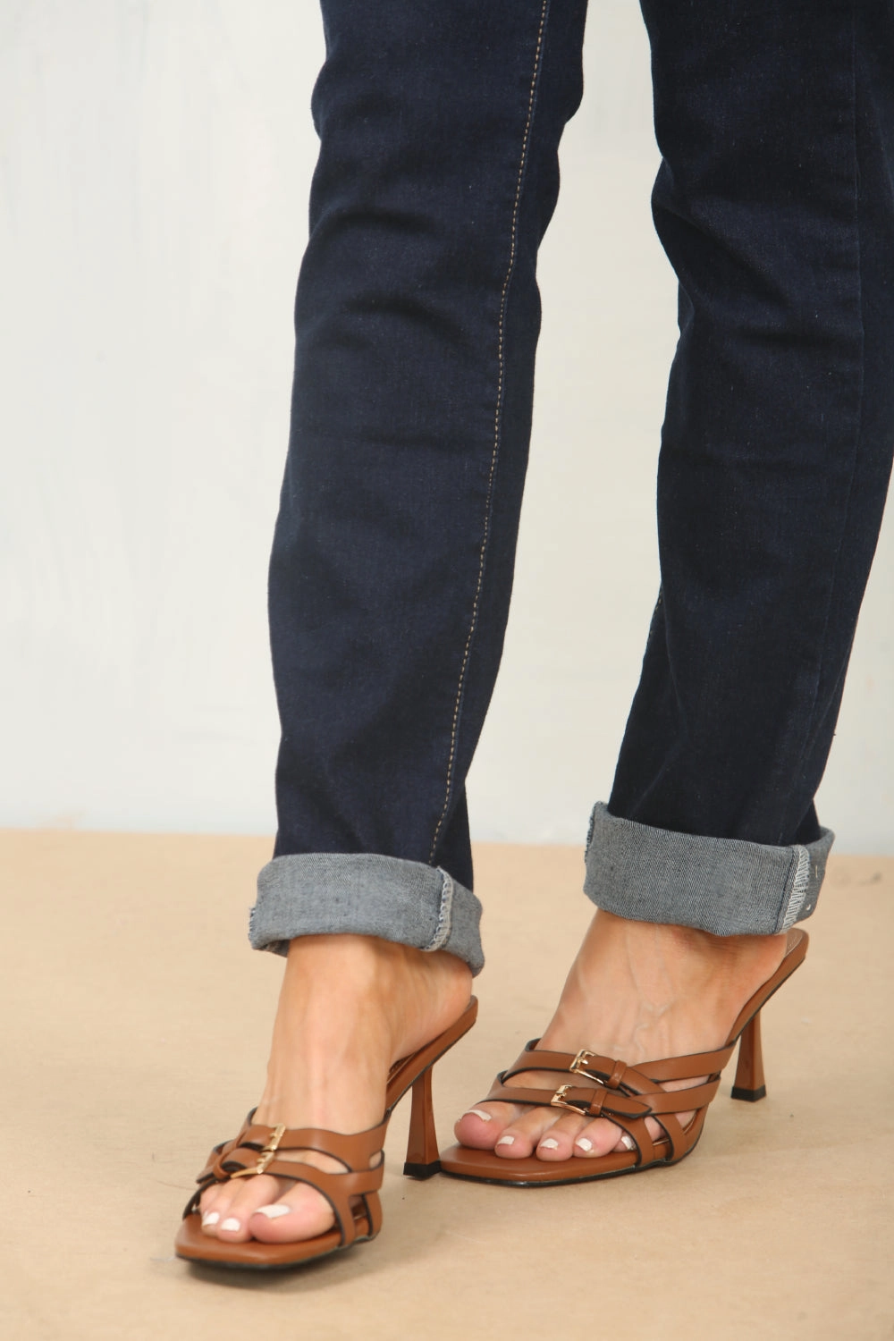 TAN CROSS OVER BUCKLE DETAIL LOW STRAP HEEL Sweaty Feet In High Heels