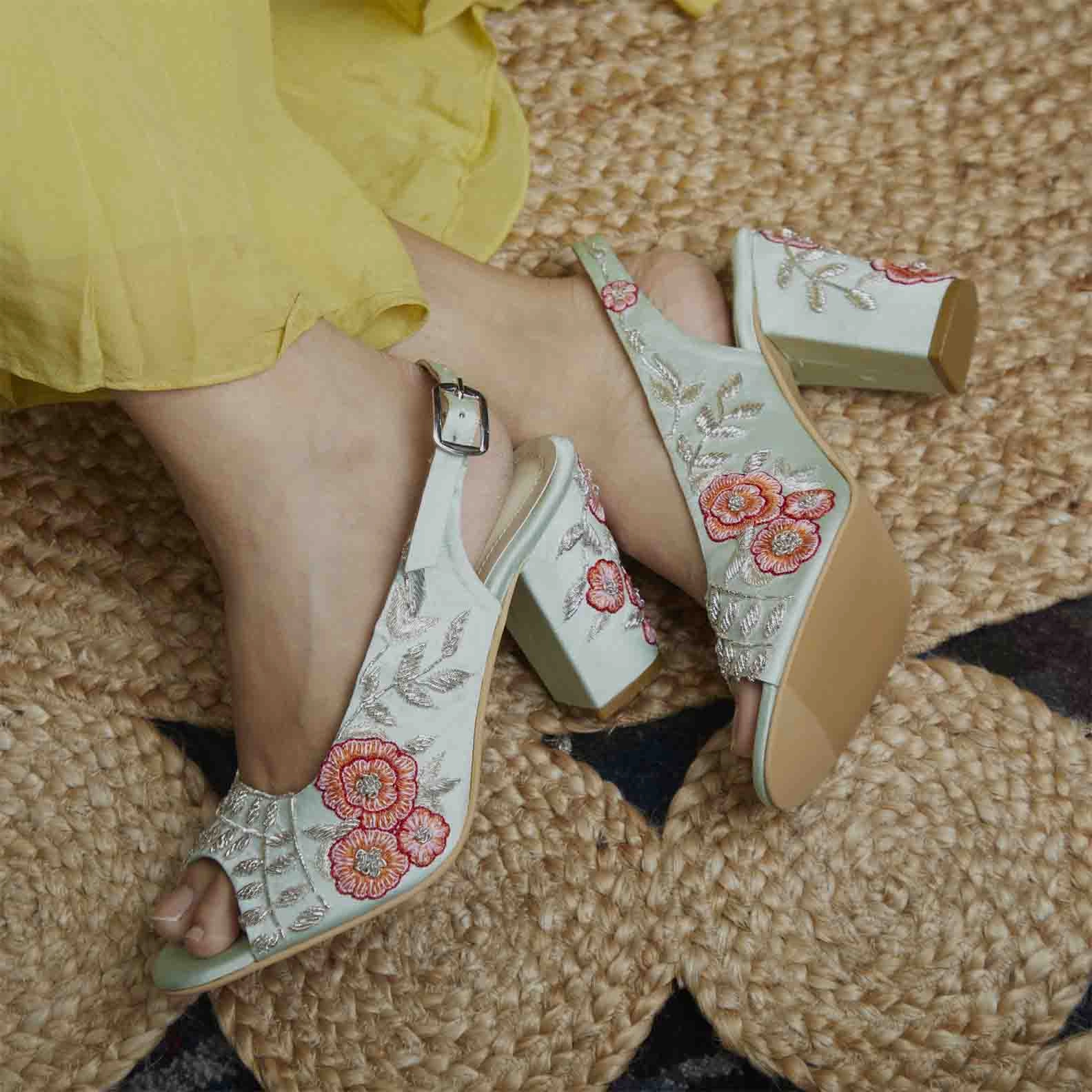 Happy Birthday High Heel Shoe Teal hand embroidered sling back bridal block heels