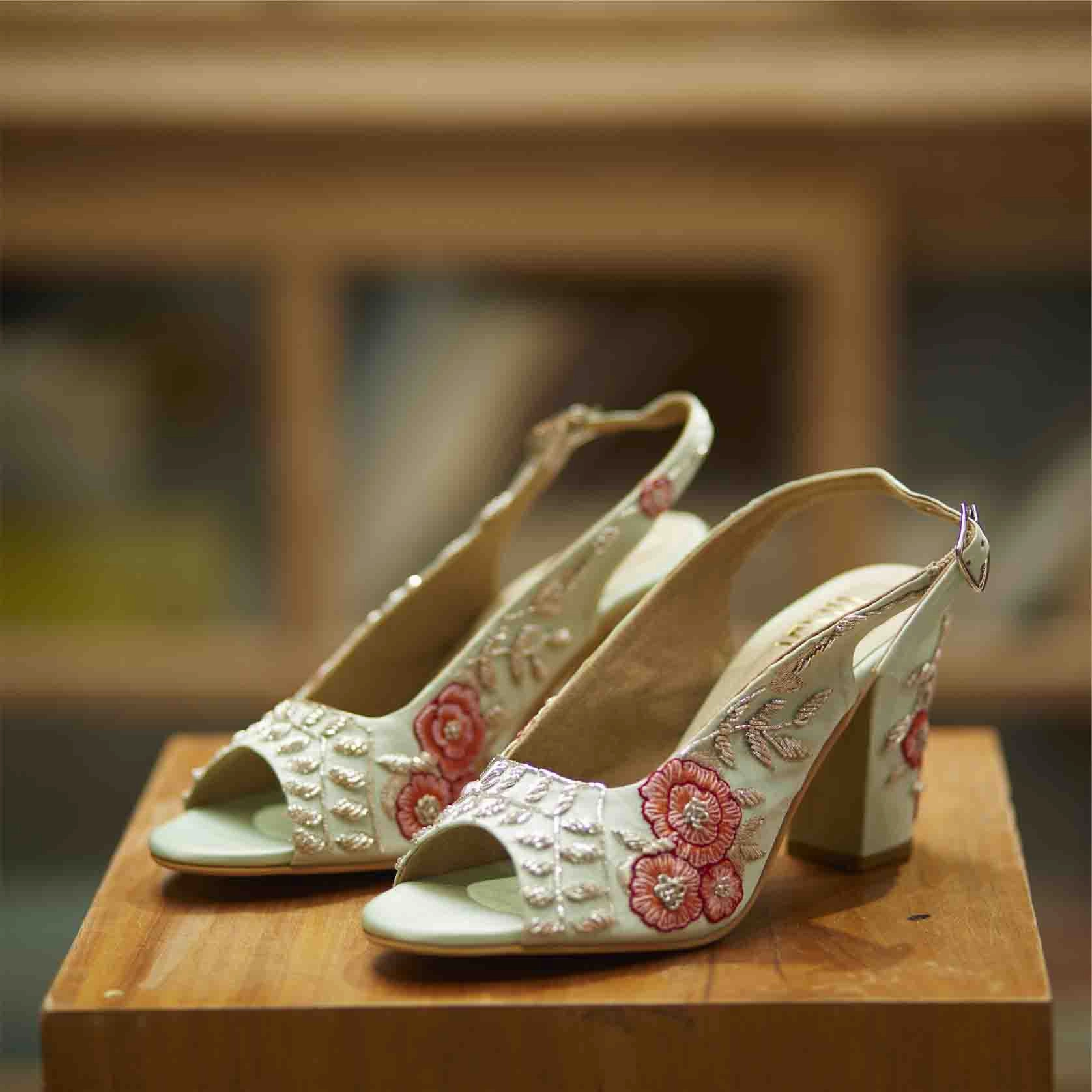 Teal hand embroidered sling back bridal block heels Diamond High Heels