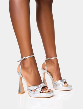 Trendsetter Silver Knot Detail Flare Platform Heels Pencil Skirt And High Heels