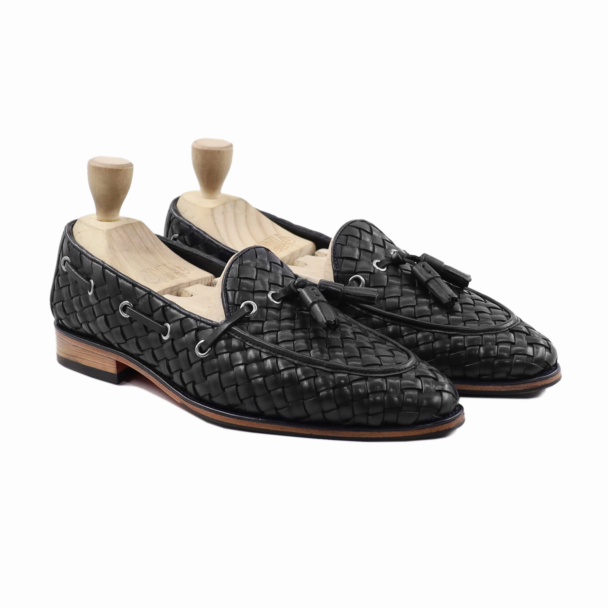 Akio - Men's Black Hand Woven Calf Leather Loafer Bar Loafers