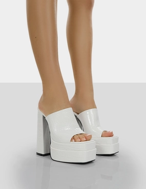 Yoga Pants And High Heels Sky High White Croc Chunky Platform High Heeled Mules